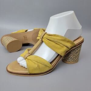 Frye & Co Leiah Bow Mules Sandals Yellow Chunky Basket Weave Heel Womens Size 8M